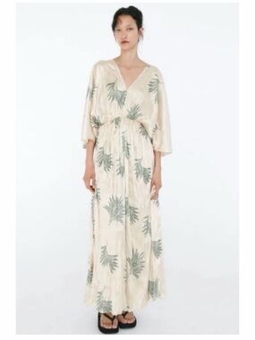 ZARA | NWT Wrinkled Effect Printed Satin Maxi Dress in Ecru, Size Medium